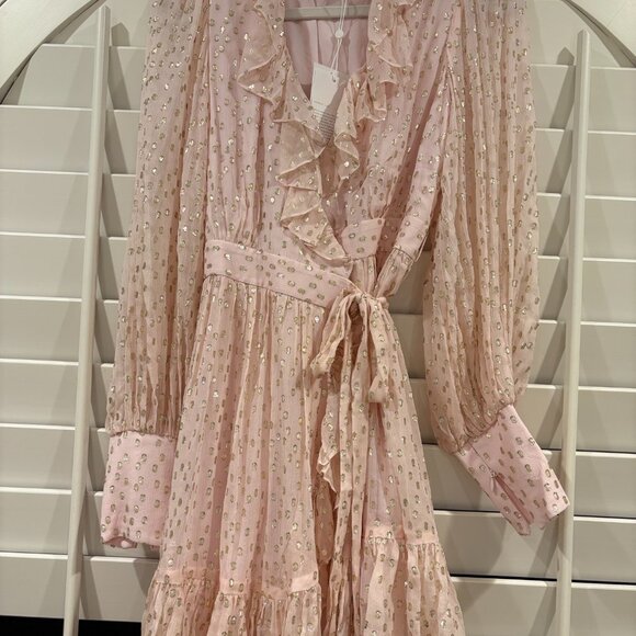 ZIMMERMANN Pink Gold Foil Ruffle Wrap Silk Mini Dress - Long Sleeve Size 0 - NWT - Picture 13 of 16